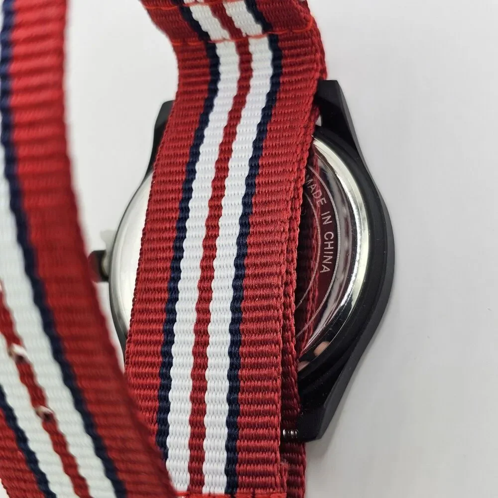 Men's Military Watch 42MM Large Case Black Dial Red Blue White Canvas Band Strap